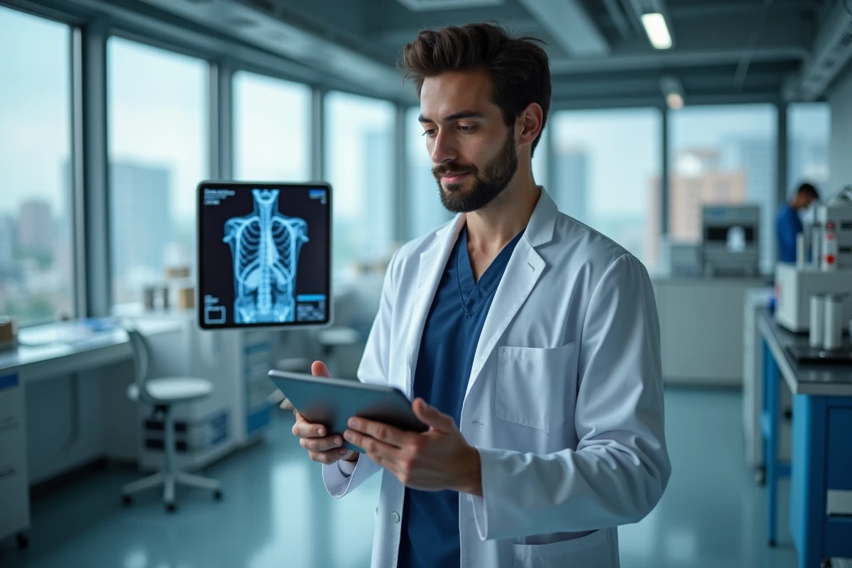 Jeune médecin examinant un scanner pulmonaire sur tablette