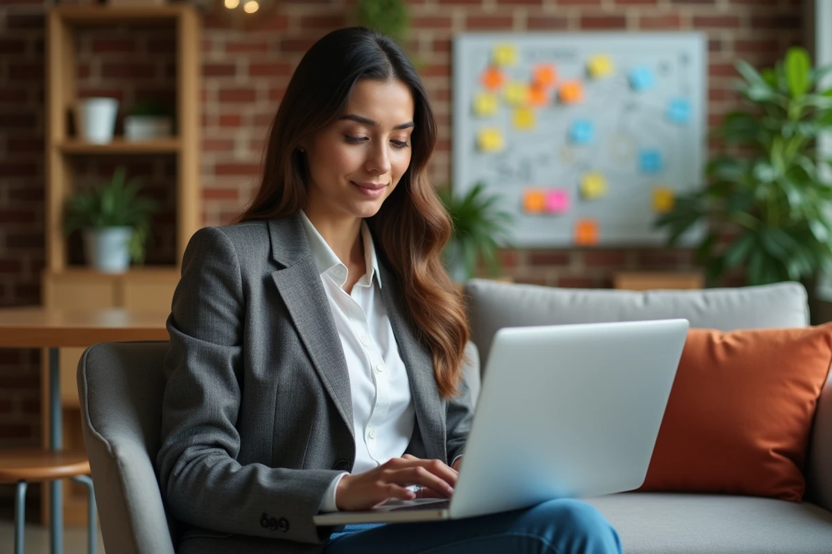 Jeune entrepreneure dans un espace de coworking dynamique