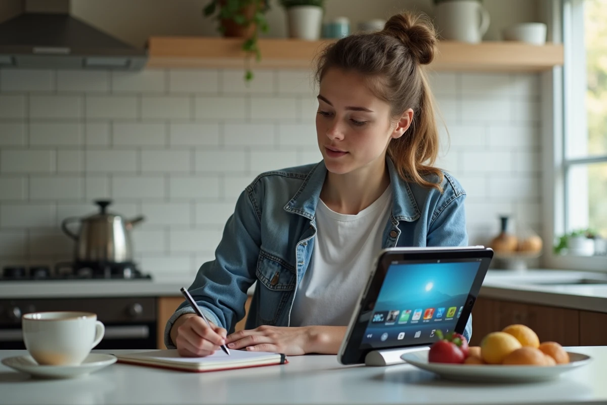 Jeune femme concentrée à la cuisine avec une tablette
