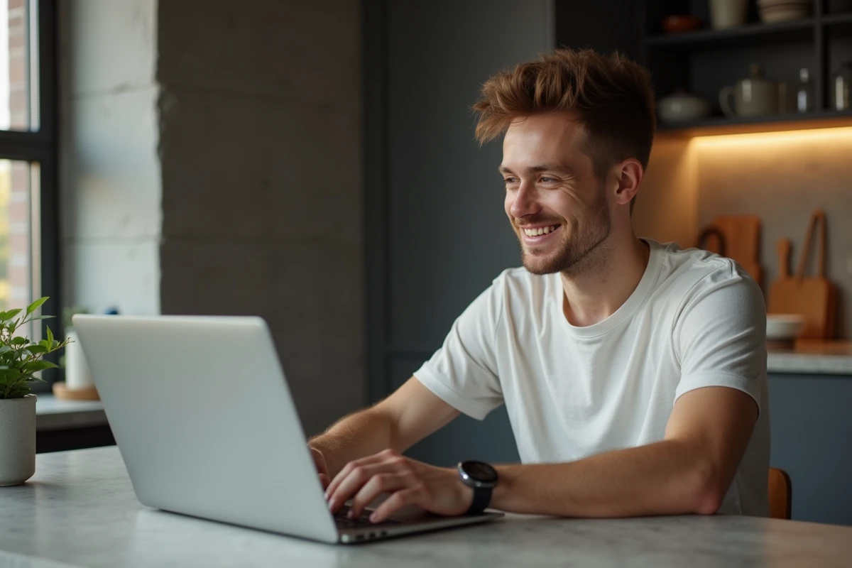 Jeune homme regardant série sur son laptop à la cuisine