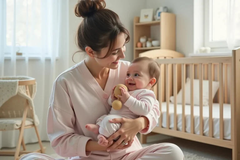 Jeune maman avec bébé dans un berceau en chambre lumineuse