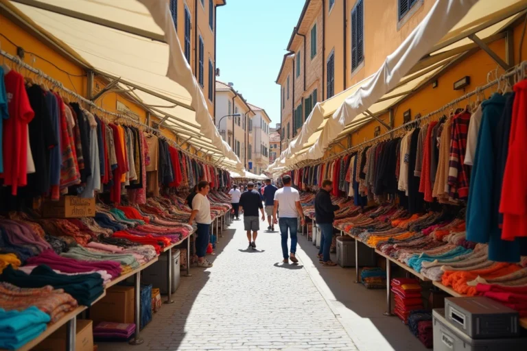 Marché de vêtements en plein air à Cagliari avec des étals colorés et des vendeurs dans une rue pavée typique de Sardaigne