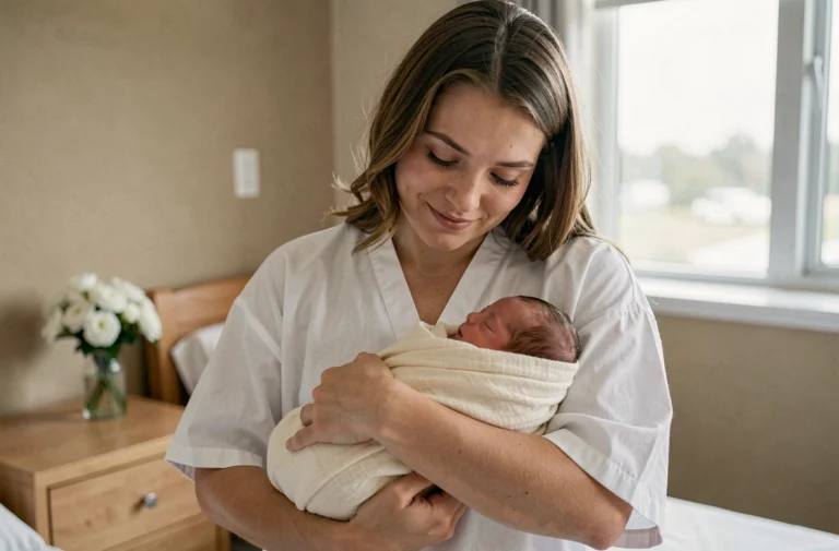 Jeune mère tenant son nouveau-né emmailloté dans une chambre de maternité moderne, regard tendre et émotionnel