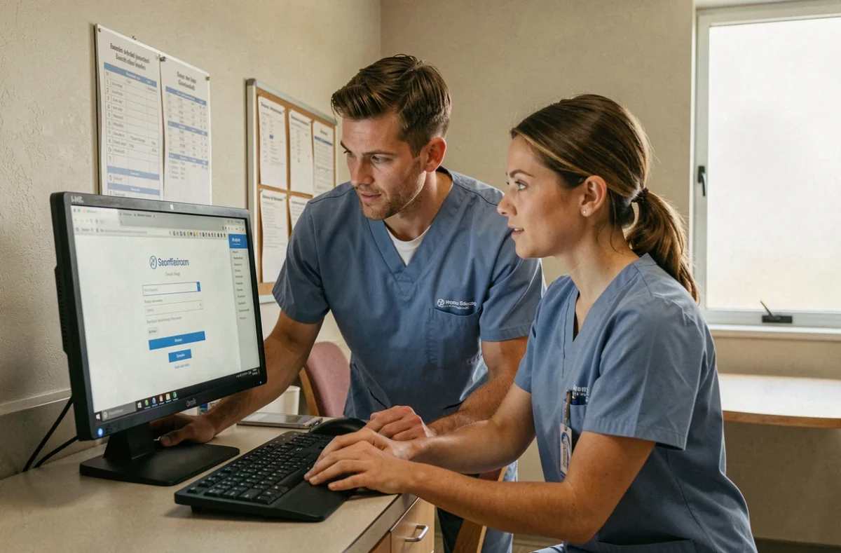 Deux soignants consultant ensemble la messagerie AP-HP pro sur un ordinateur de bureau en salle de pause hospitalière