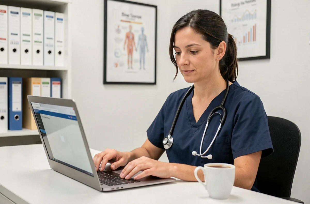 Professionnelle de santé accédant à la messagerie AP-HP pro sur un ordinateur portable dans un bureau hospitalier