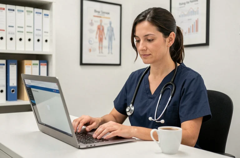 Professionnelle de santé accédant à la messagerie AP-HP pro sur un ordinateur portable dans un bureau hospitalier