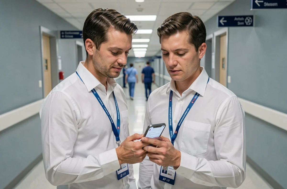 Administrateur hospitalier consultant la messagerie professionnelle AP-HP sur smartphone dans un couloir d'hôpital