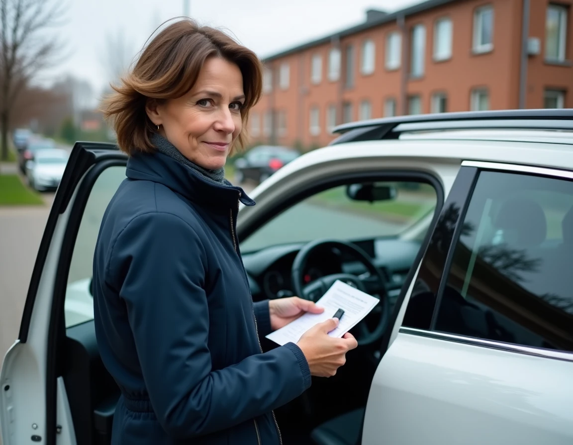 Femme préparant la mise à jour GPS d'une Citroën C5 Aircross avec une clé USB dans un parking