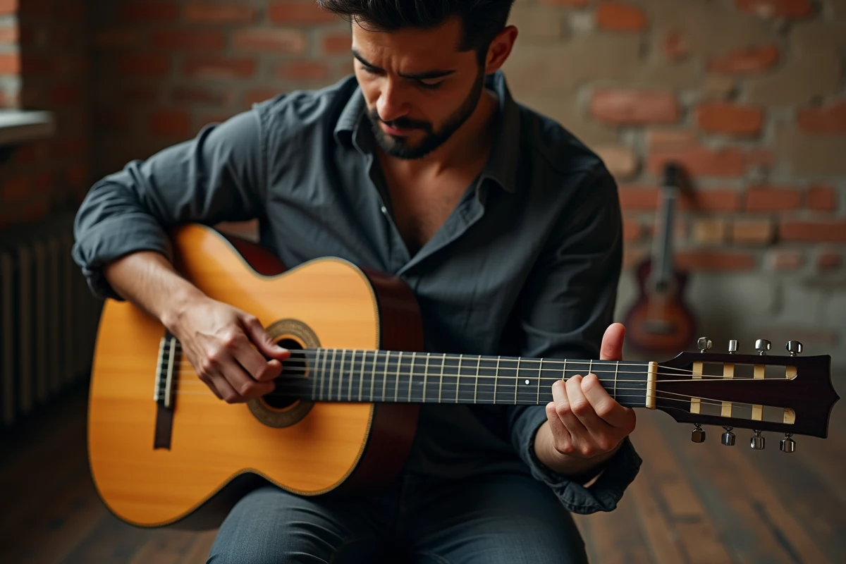 Jeune guitariste classique jouant de la guitare avec un ongle auriculaire long pour le fingerpicking