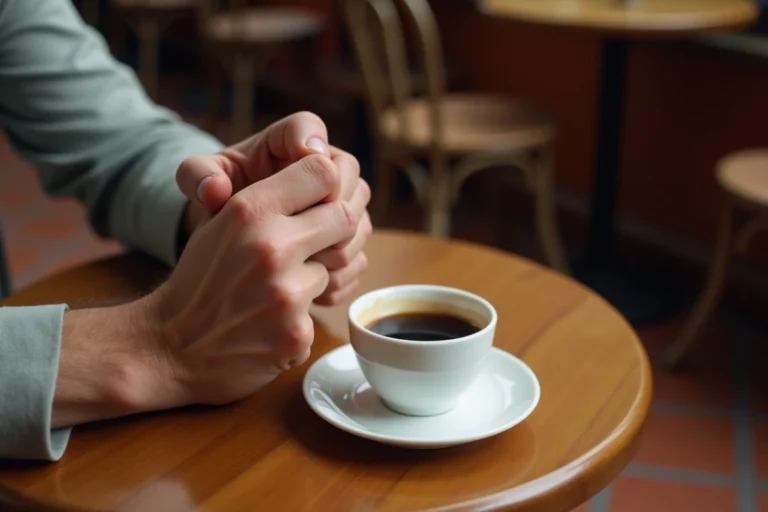 Gros plan sur une main masculine avec un ongle auriculaire long reposant sur une table de café parisien