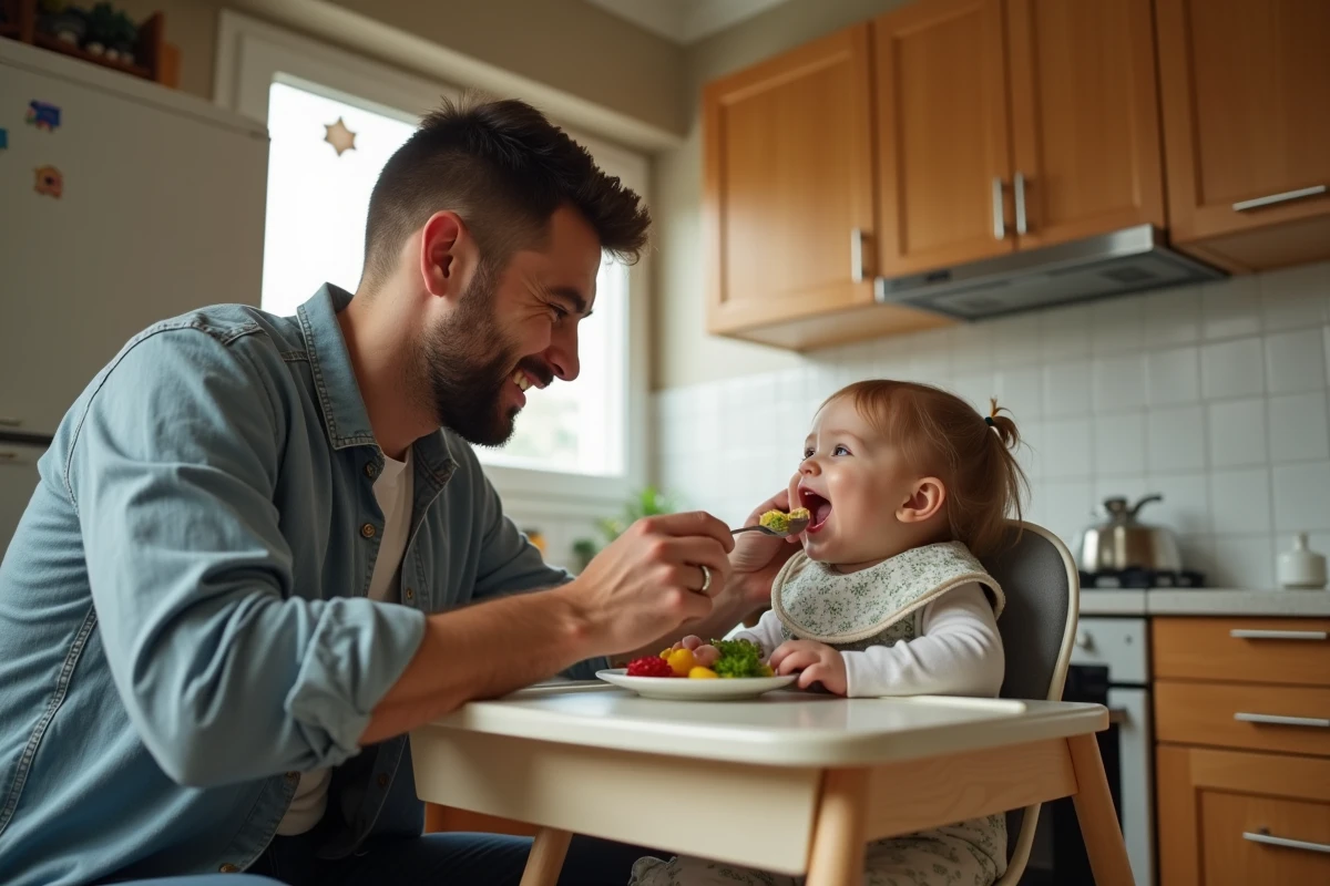 Père donnant à manger à bébé dans la cuisine chaleureuse
