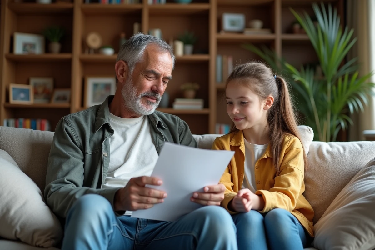 Père et fille discutant des règles dans le salon