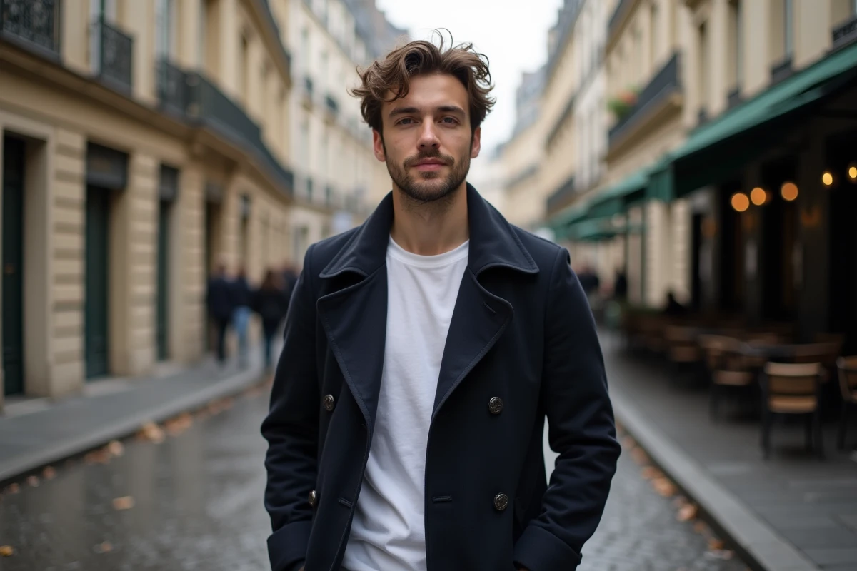 Portrait d'un jeune acteur français prometteur dans les rues de Paris, ambiance cinématographique et authentique