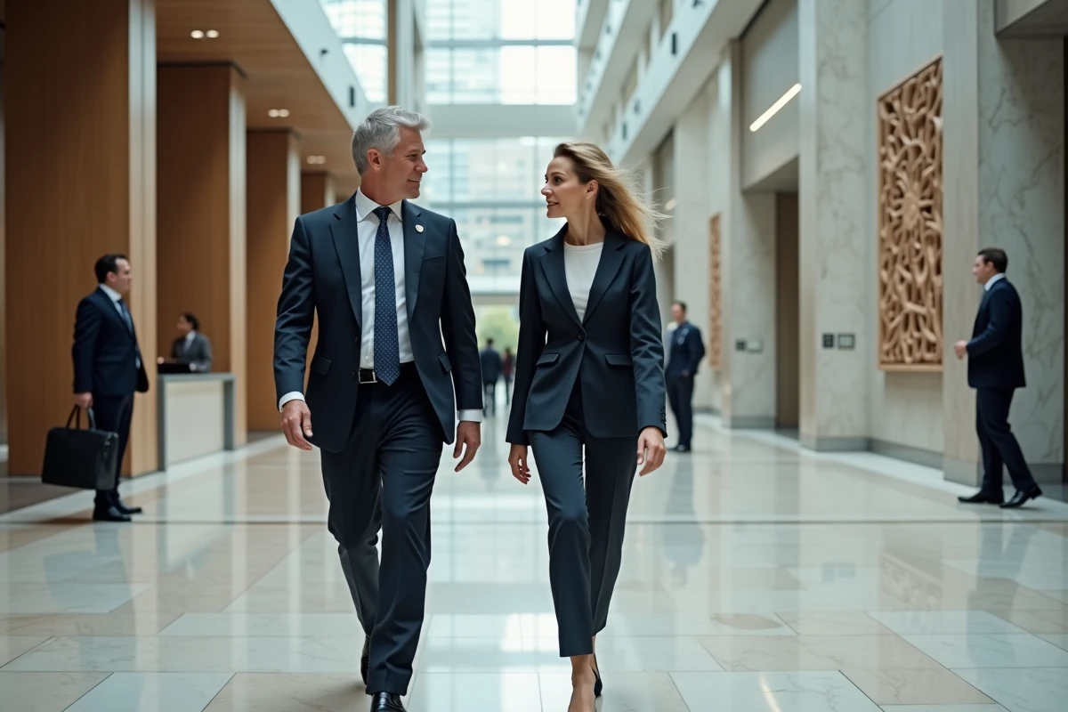 Deux professionnels en tenue business casual marchant et discutant dans un hall d'entreprise moderne, évoquant la collaboration et le leadership essentiels à la réussite en affaires