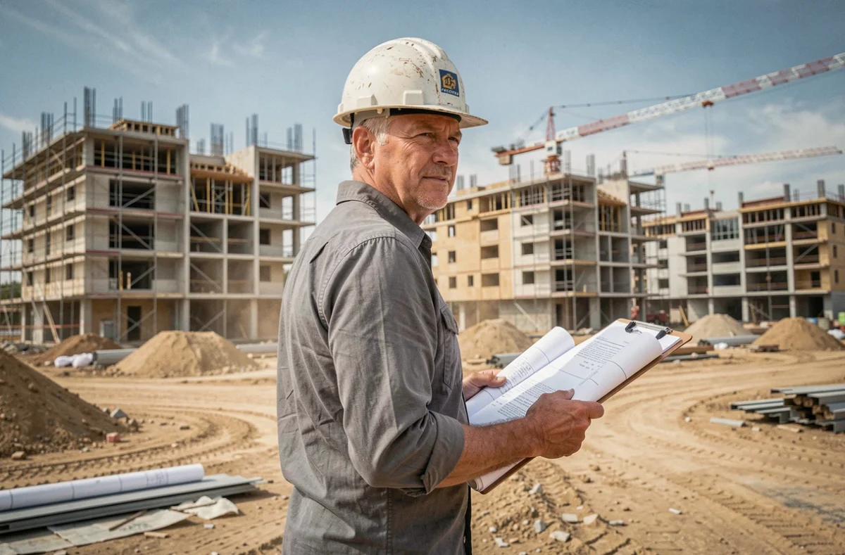 Promoteur immobilier local sur un chantier de construction résidentielle tenant des plans architecturaux