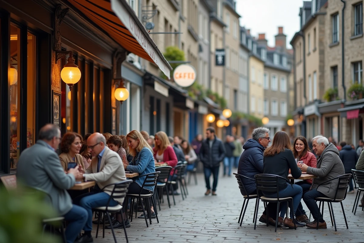 Terrasse animée dans le quartier Saint-Anne de Rennes avec des habitants consultant l'actualité locale