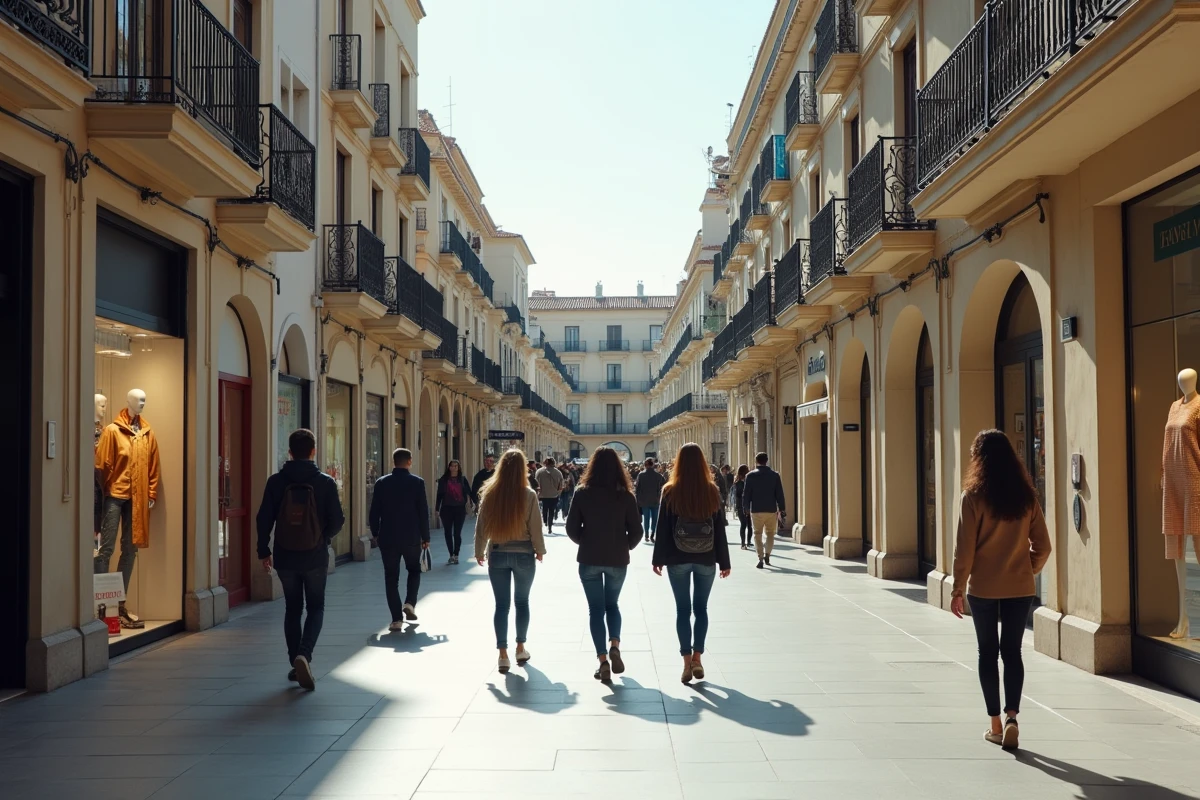 Rue commerçante piétonne animée au centre-ville de Cagliari avec des boutiques de mode et des passants en Sardaigne