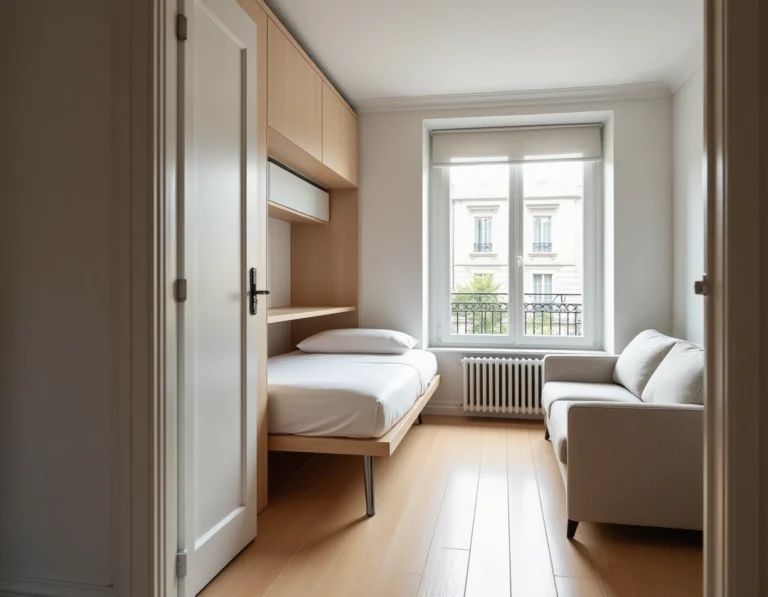 Studio de 20 mètres carrés bien agencé avec lit escamotable, bureau et kitchenette intégrée dans un appartement urbain