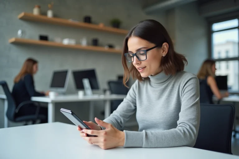 Femme testant un smartphone pliable dans un espace de travail technologique moderne