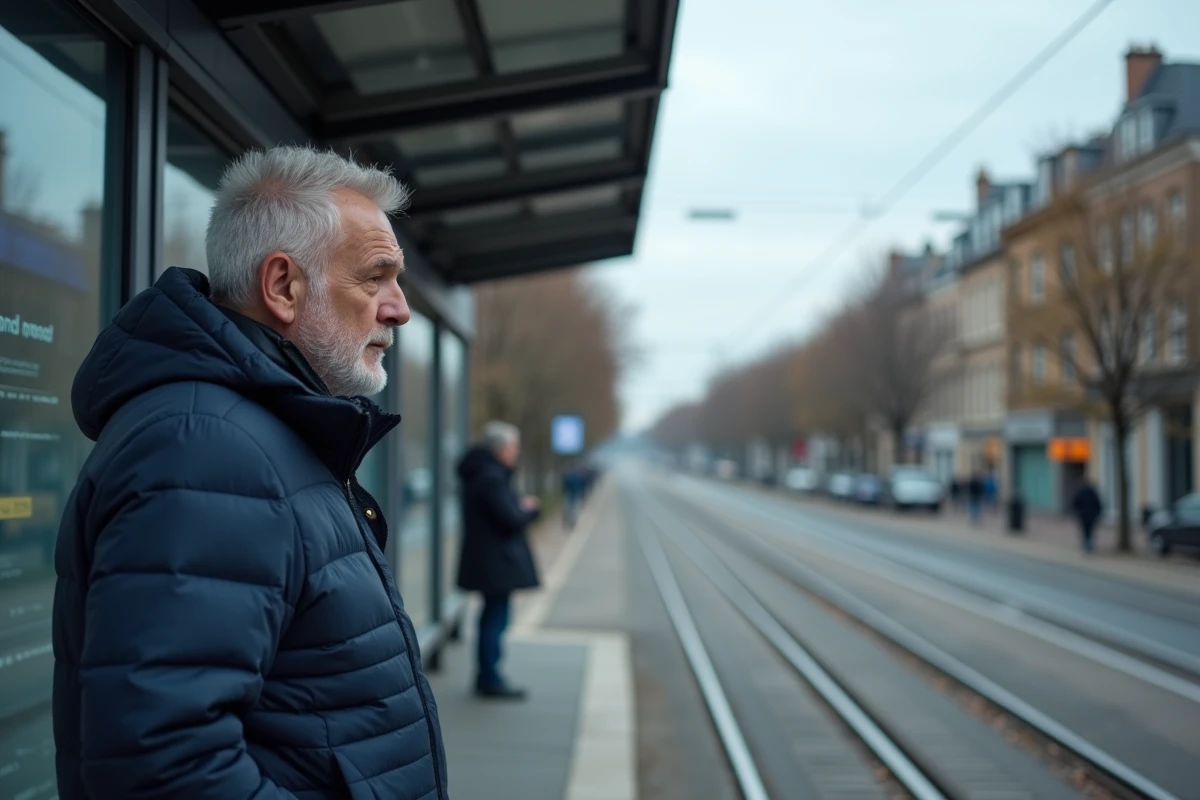 Homme consultant l'actualité rennaise sur un panneau d'information numérique à un arrêt de tramway à Rennes