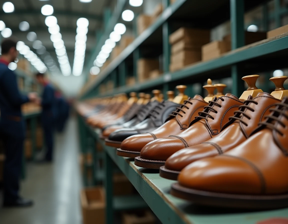 Rangée de chaussures en cuir inachevées sur une étagère dans une usine de fabrication portugaise moderne
