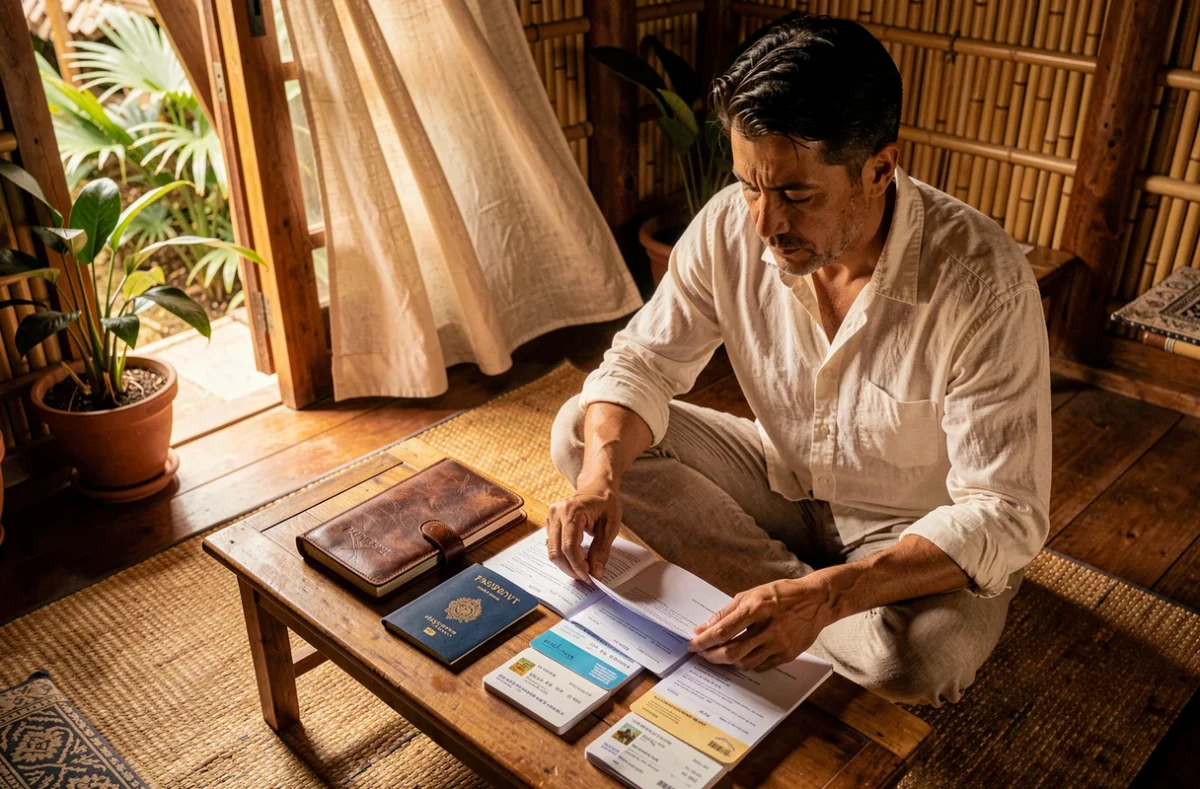 Voyageur solitaire organisant ses documents de voyage dans une maison d'hôtes traditionnelle en Asie du Sud-Est